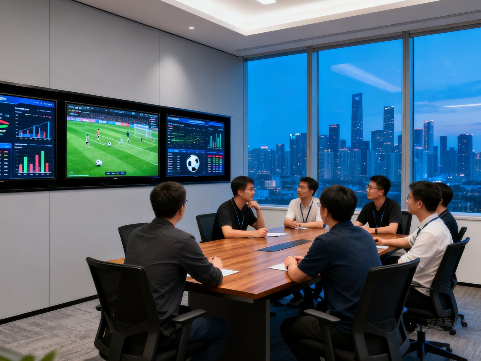 宽敞明亮的现代办公室内，球琛技术团队成员围坐在会议桌旁讨论数据产品方案，墙面上挂着多块显示足球数据可视化图表的大屏幕，窗外可见城市天际线，气氛专注而充满活力。